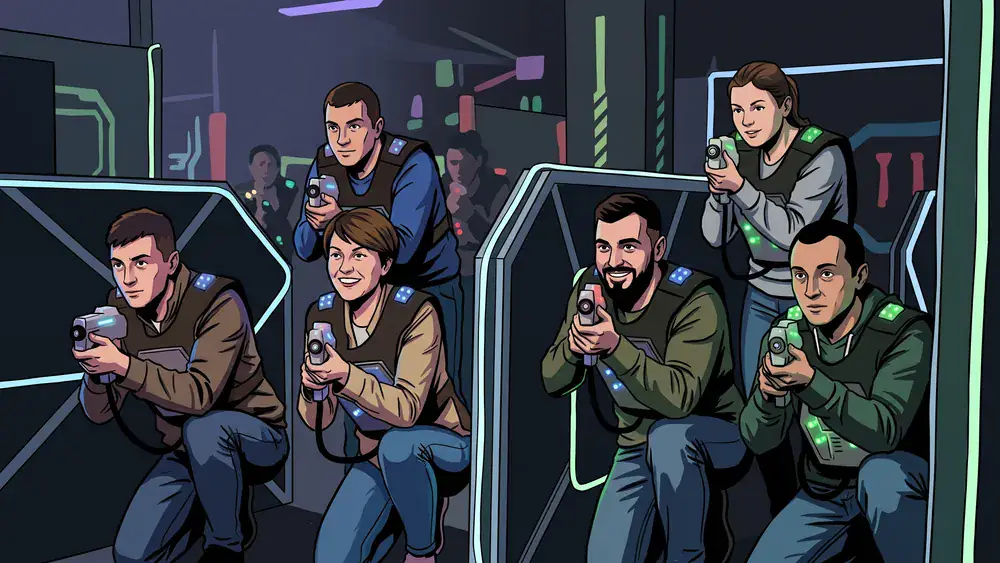 LaserTag Würzburg - Erwachsene spielen LaserTag in einer futuristischen Arena