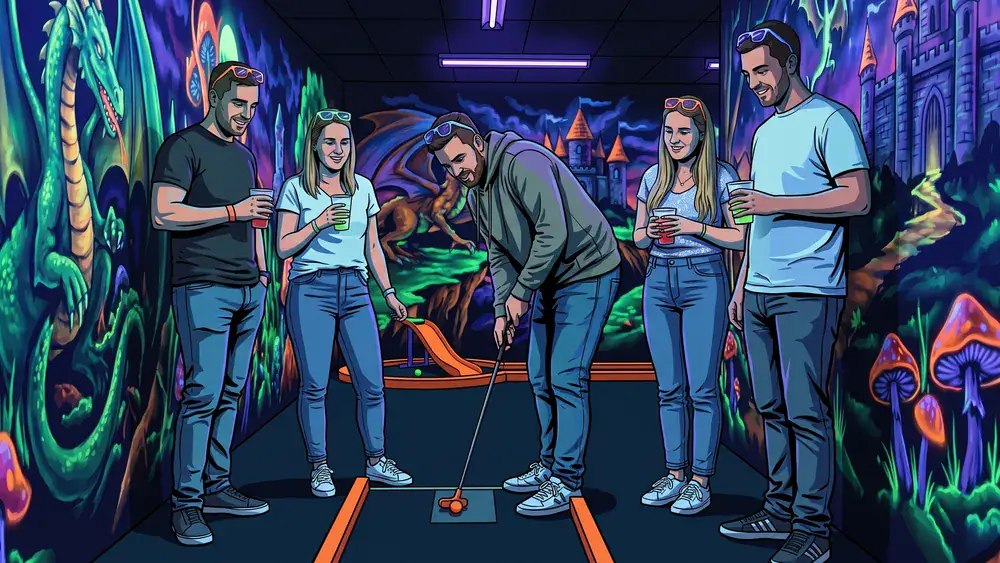 Schwarzlicht Minigolf in Würzburg - Erwachsene spielen 3D-Minigolf unter UV-Licht mit Drinks