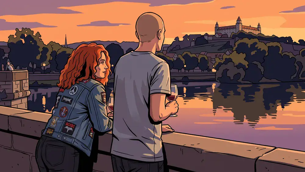 Brückenschoppen in Würzburg – Zwei Personen trinken Frankenwein auf der Alten Mainbrücke bei Sonnenuntergang