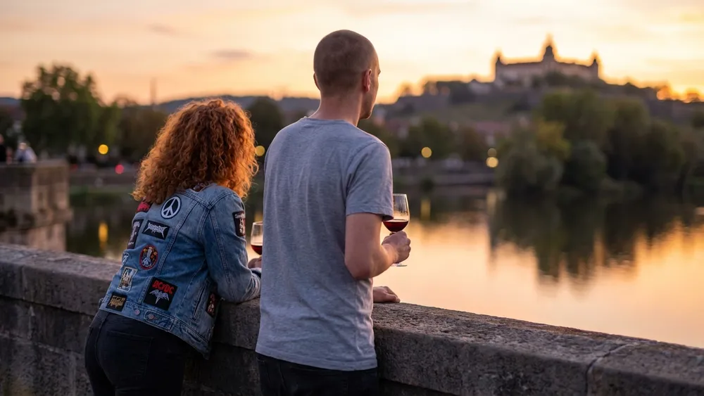 Brückenschoppen in Würzburg – Zwei Personen trinken Frankenwein auf der Alten Mainbrücke bei Sonnenuntergang