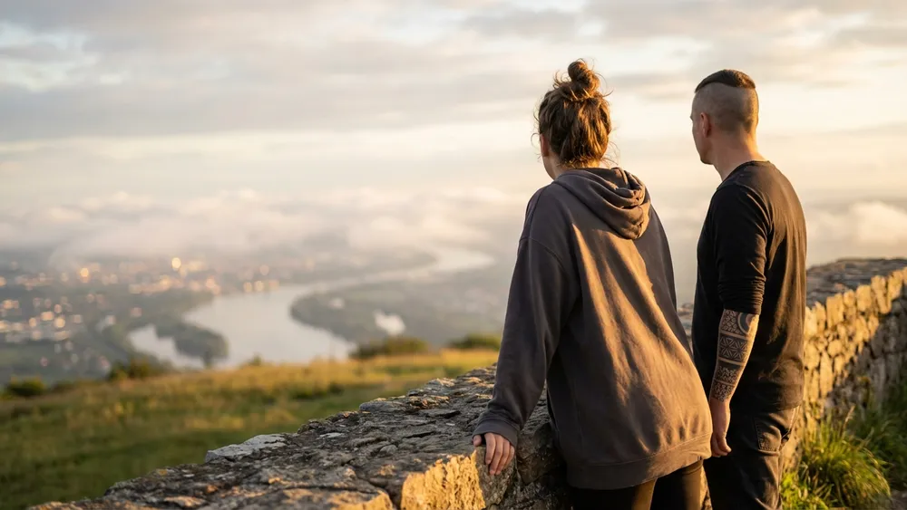 Festung Marienberg in Würzburg – Zwei Personen genießen die Aussicht über die Stadt vom Festungsberg