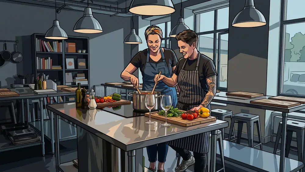 Kochkurs in Würzburg – Zwei Personen kochen gemeinsam in einer modernen Kochschule