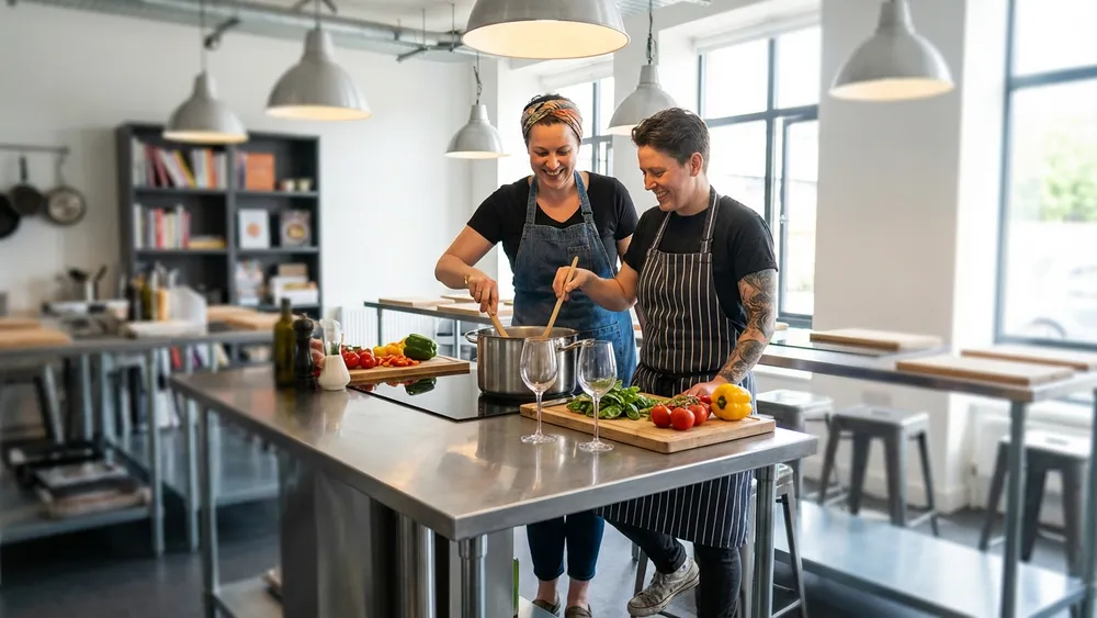 Kochkurs in Würzburg – Zwei Personen kochen gemeinsam in einer modernen Kochschule