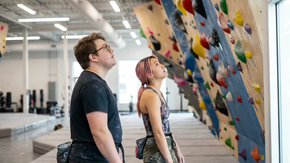 Rock Inn Boulderhalle Würzburg – Zwei Personen bouldern an einer bunten Kletterwand