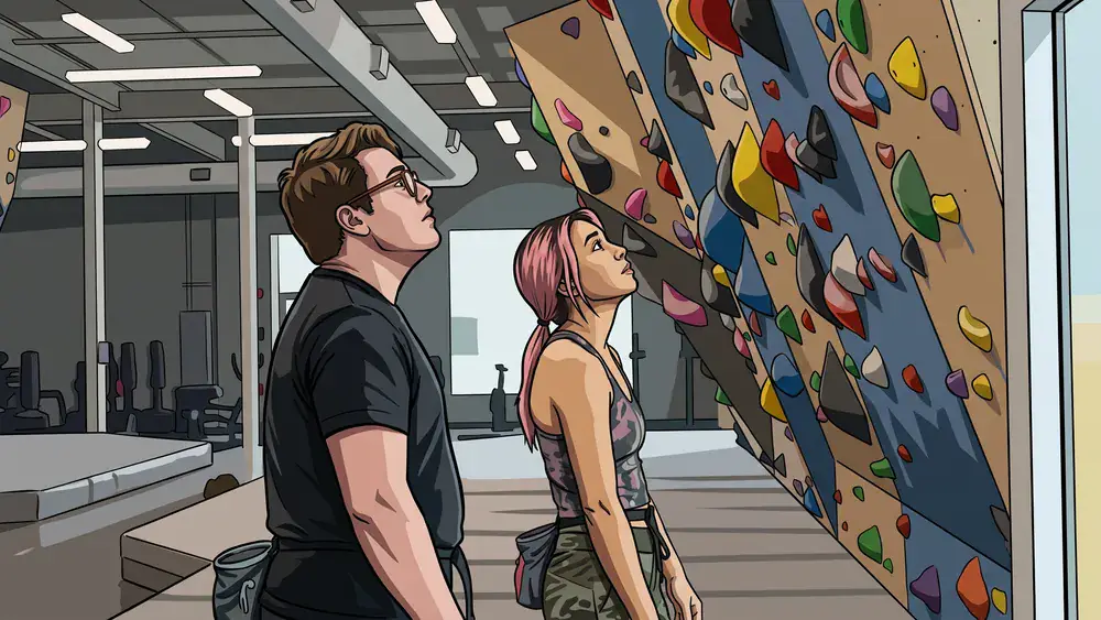 Rock Inn Boulderhalle Würzburg – Zwei Personen bouldern an einer bunten Kletterwand