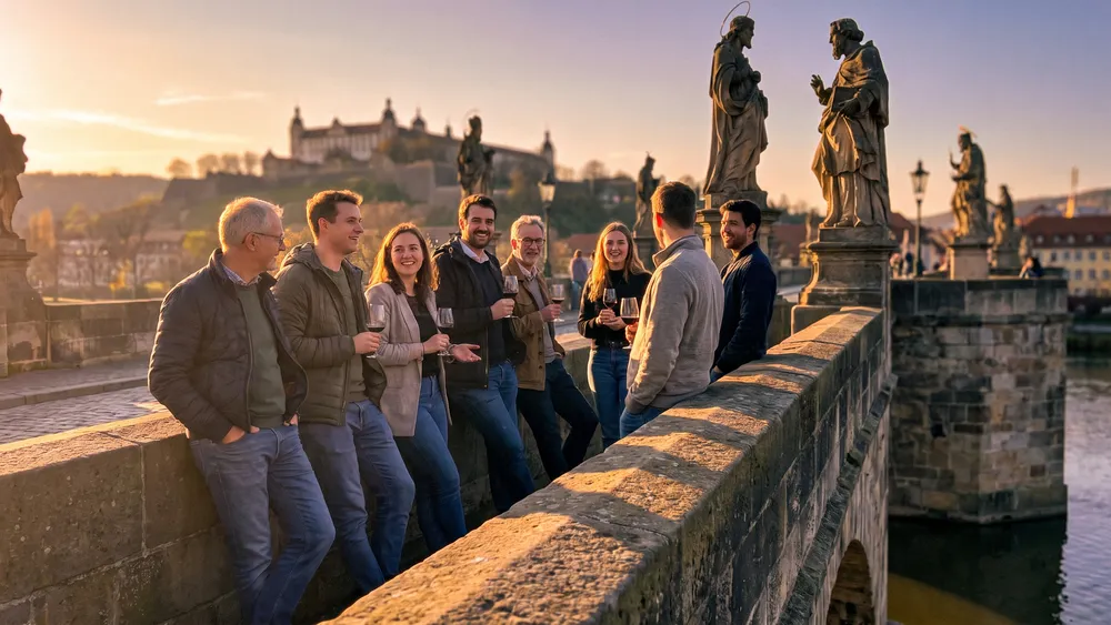 Brückenschoppen in Würzburg – Kollegen trinken Frankenwein auf der Alten Mainbrücke bei Sonnenuntergang