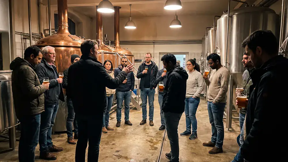 Würzburger Hofbräu Brauereiführung – Kollegen probieren fünf Bierspezialitäten mit dem Braumeister