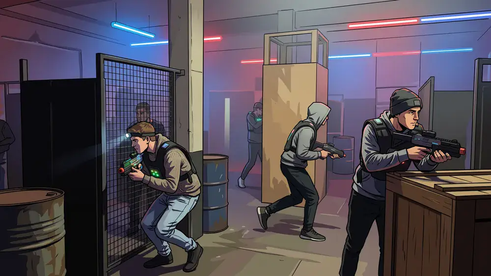 LaserTag Würzburg – Kollegen in taktischen Westen spielen in einer dunklen Neon-Arena am Hauptbahnhof