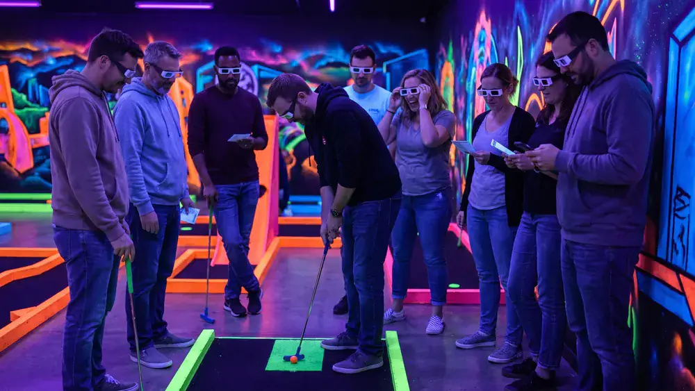 Schwarzlichtfabrik Würzburg – Kollegen spielen mit 3D-Brillen 3D-Minigolf unter Schwarzlicht
