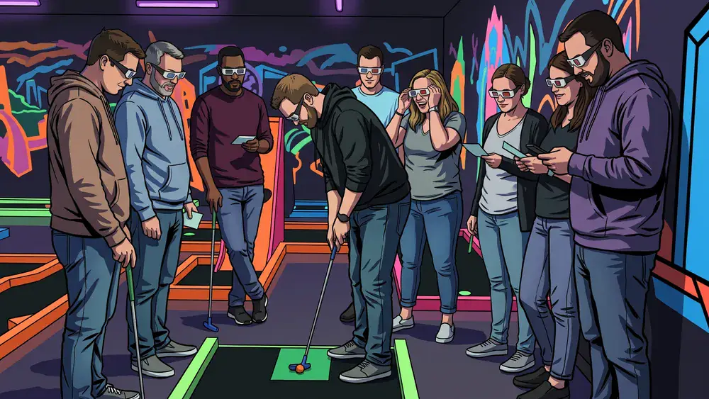 Schwarzlichtfabrik Würzburg – Kollegen spielen mit 3D-Brillen 3D-Minigolf unter Schwarzlicht