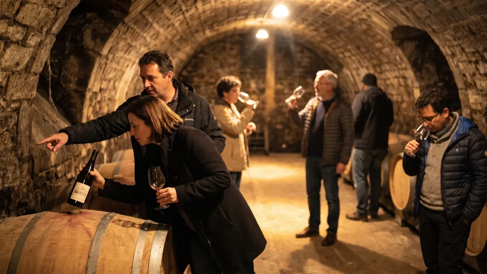 Staatlicher Hofkeller Würzburg – Kollegen bei der Weinprobe im historischen Gewölbekeller unter der Residenz