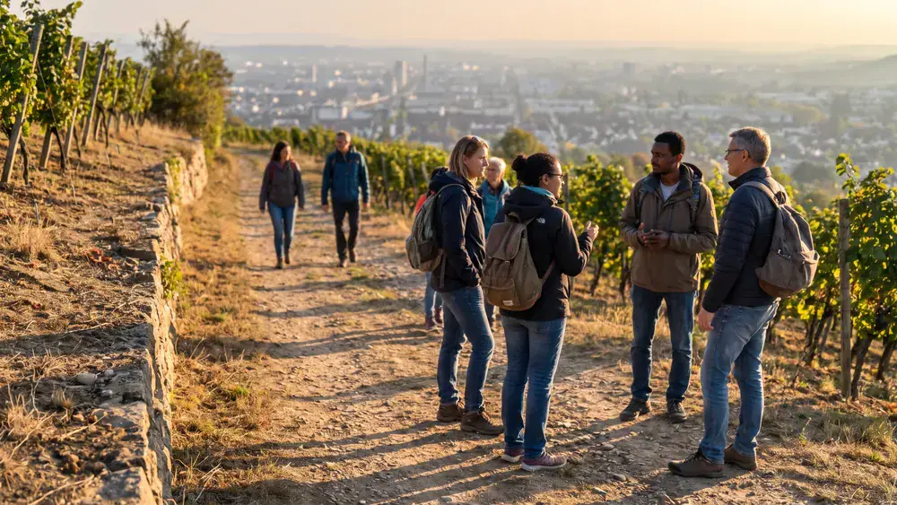 Stein-Wein-Pfad in Würzburg – Kollegen wandern durch die Weinberge über der Stadt