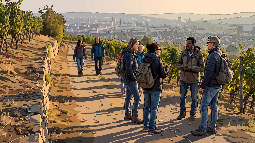 Stein-Wein-Pfad in Würzburg – Kollegen wandern durch die Weinberge über der Stadt