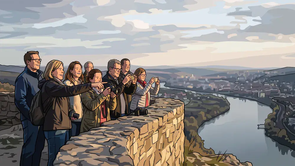 Festung Marienberg in Würzburg – Gruppe genießt die Aussicht über die Stadt vom Festungsberg