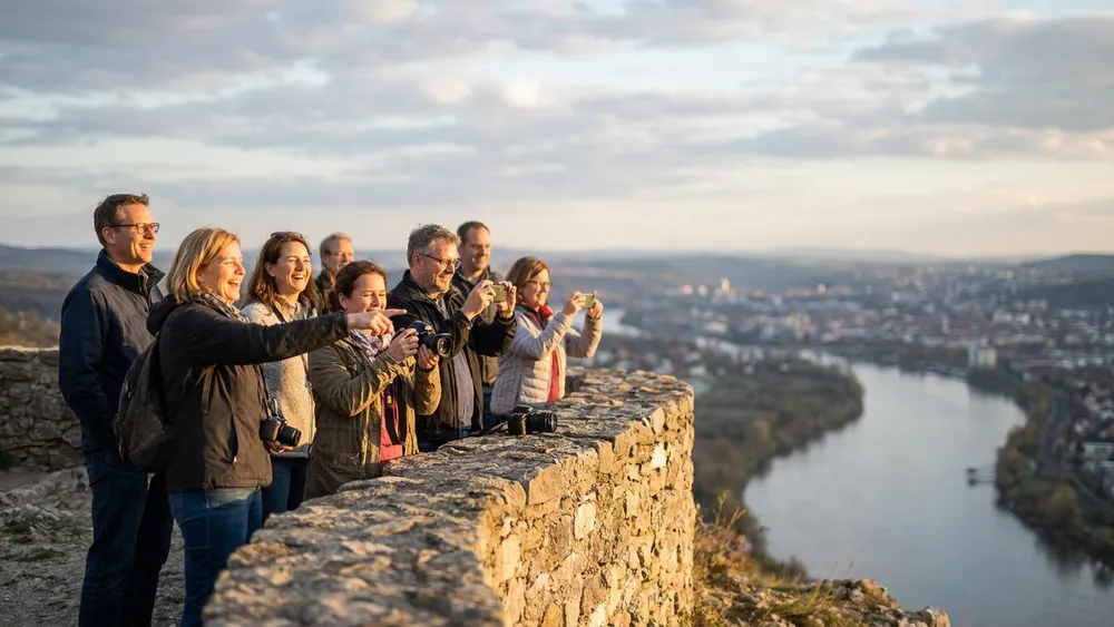 Festung Marienberg in Würzburg – Gruppe genießt die Aussicht über die Stadt vom Festungsberg