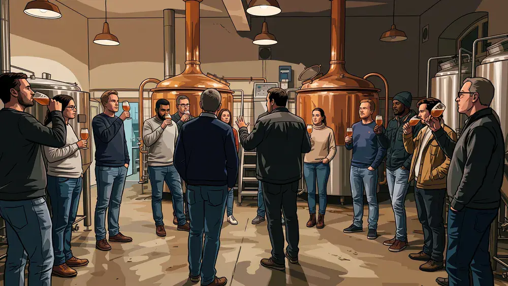 Würzburger Hofbräu Brauereiführung – Gruppe probiert fünf Bierspezialitäten mit dem Braumeister