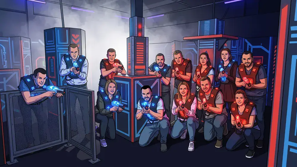 LaserTag Würzburg – Gruppe in taktischen Westen spielt in einer dunklen Neon-Arena am Hauptbahnhof