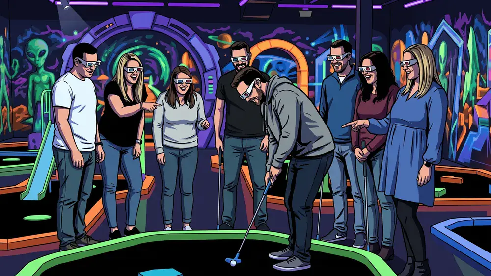 Schwarzlichtfabrik Würzburg – Gruppe spielt mit 3D-Brillen 3D-Minigolf unter Schwarzlicht
