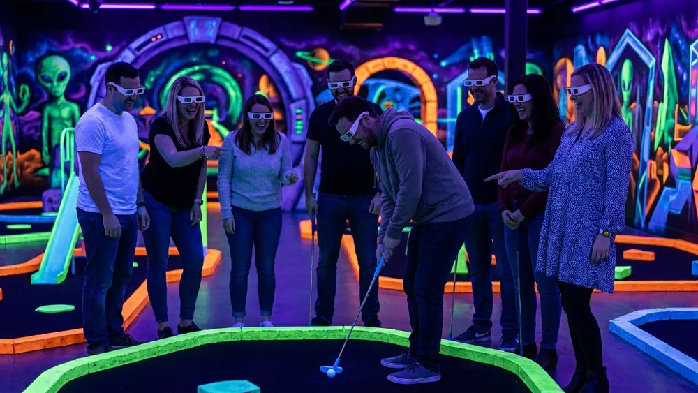 Schwarzlichtfabrik Würzburg – Gruppe spielt mit 3D-Brillen 3D-Minigolf unter Schwarzlicht
