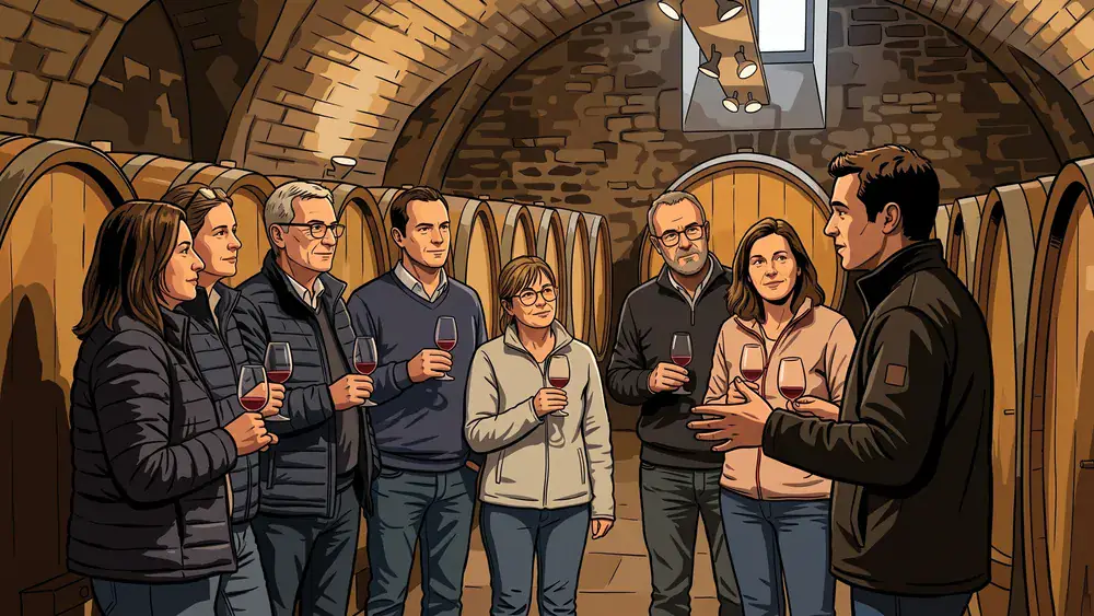 Staatlicher Hofkeller Würzburg – Gruppe bei der Weinprobe im historischen Gewölbekeller unter der Residenz