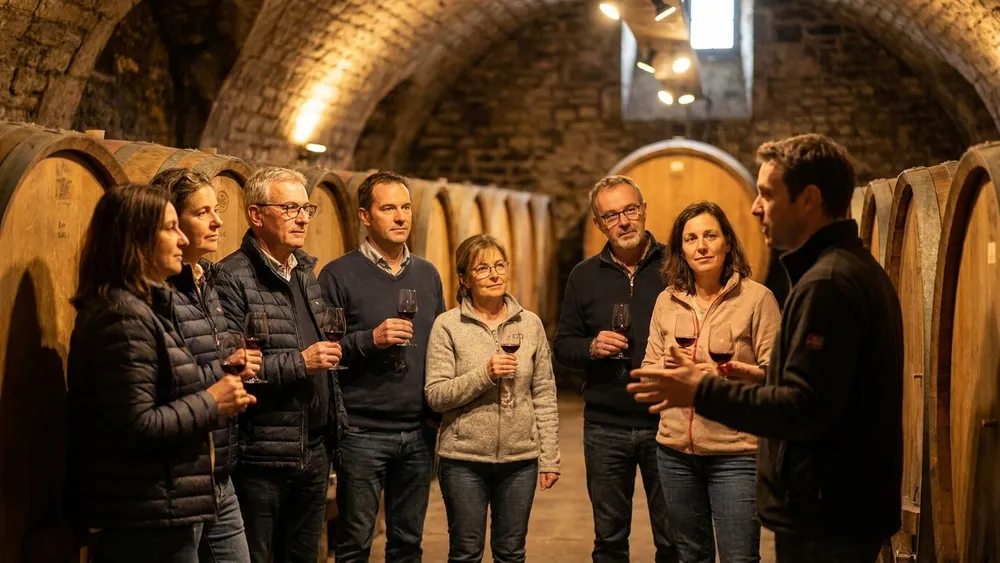 Staatlicher Hofkeller Würzburg – Gruppe bei der Weinprobe im historischen Gewölbekeller unter der Residenz