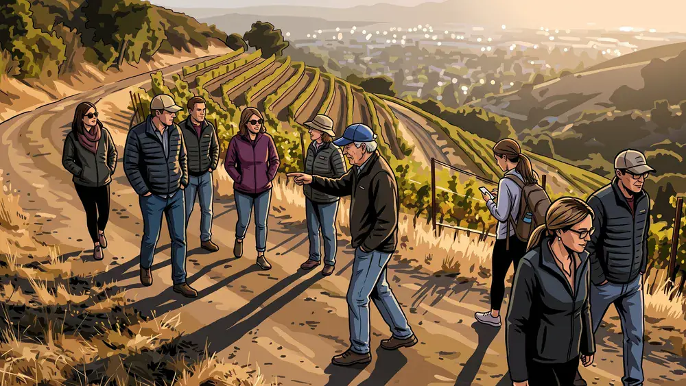Stein-Wein-Pfad in Würzburg – Gruppe wandert durch die Weinberge über der Stadt