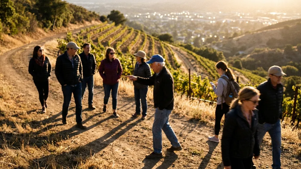 Stein-Wein-Pfad in Würzburg – Gruppe wandert durch die Weinberge über der Stadt