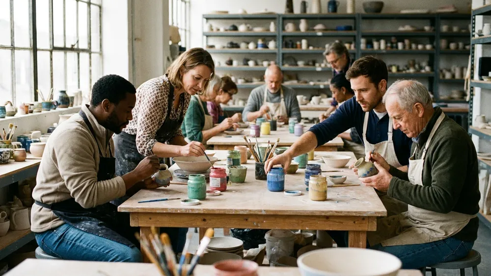 TonArt KreativRaum Würzburg – Gruppe bemalt Keramik in einem hellen Studio in der Altstadt