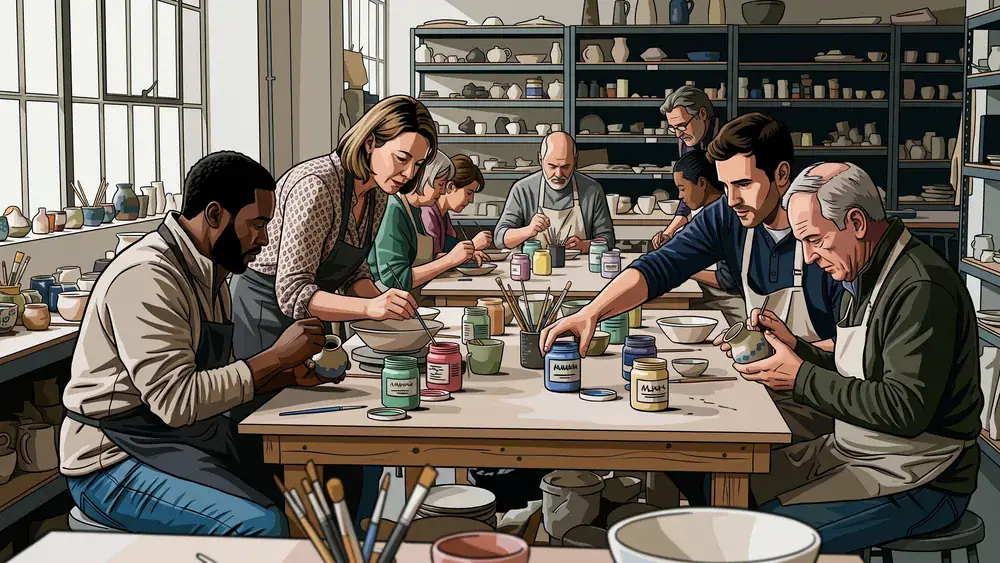 TonArt KreativRaum Würzburg – Gruppe bemalt Keramik in einem hellen Studio