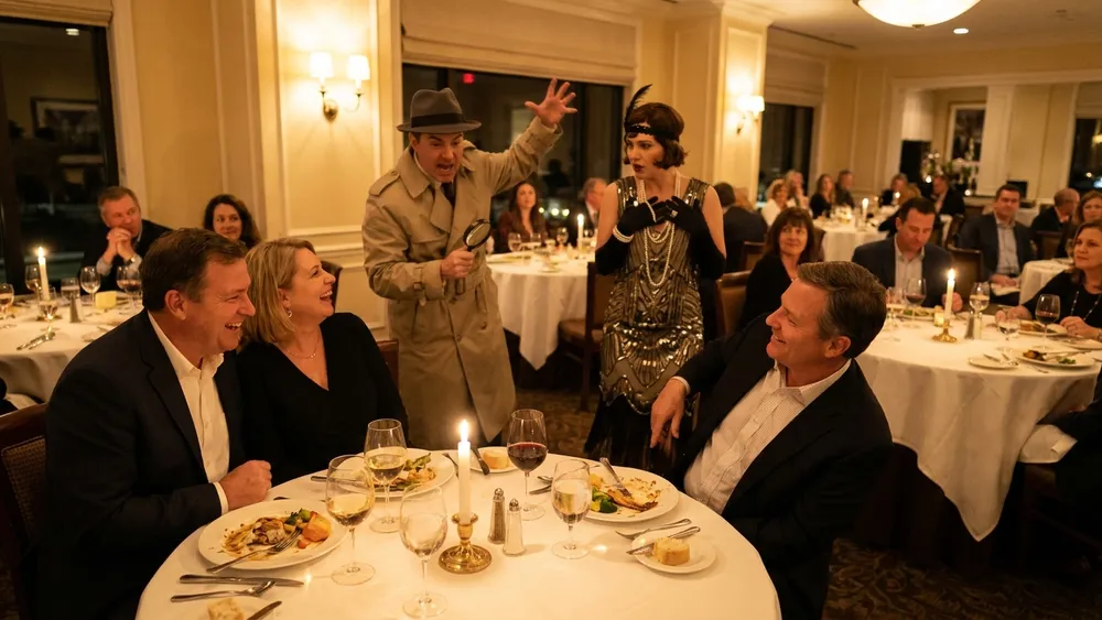 Krimidinner in Würzburg - Erwachsene verfolgen ein Krimi-Theaterstück beim Vier-Gänge-Menü