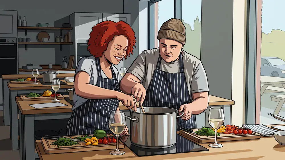 Kochkurs in Würzburg – Zwei Personen kochen gemeinsam in einer modernen Kochschule