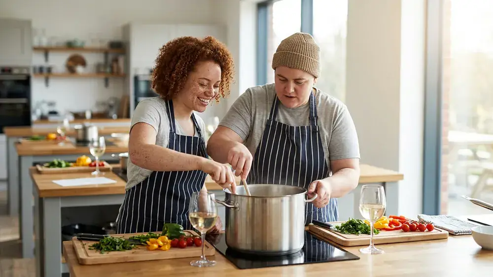 Kochkurs in Würzburg – Zwei Personen kochen gemeinsam in einer modernen Kochschule