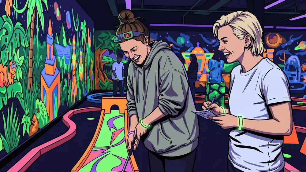 Schwarzlichtfabrik Würzburg – Zwei Personen spielen 3D-Minigolf unter Schwarzlicht