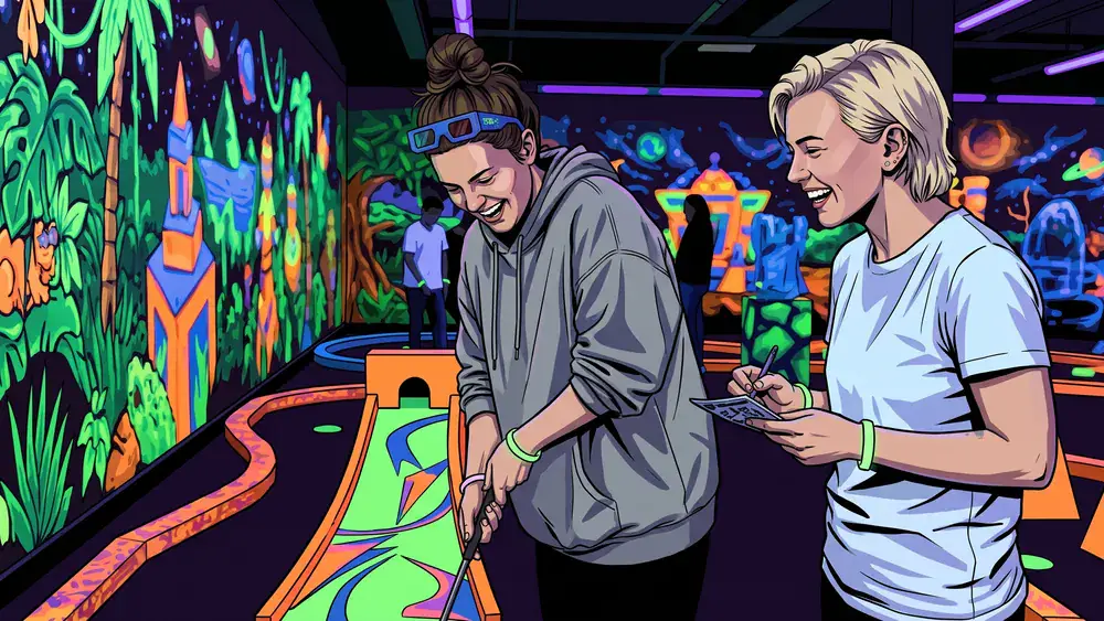 Schwarzlichtfabrik Würzburg – Team spielt mit 3D-Brillen 3D-Minigolf unter Schwarzlicht