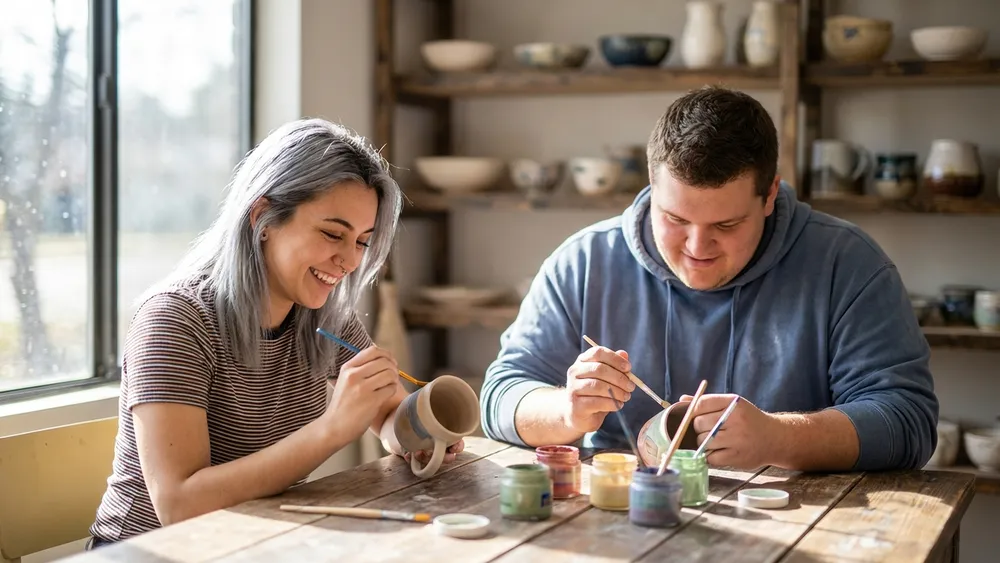 TonArt KreativRaum Würzburg – Team bemalt Keramik in einem hellen Studio in der Altstadt