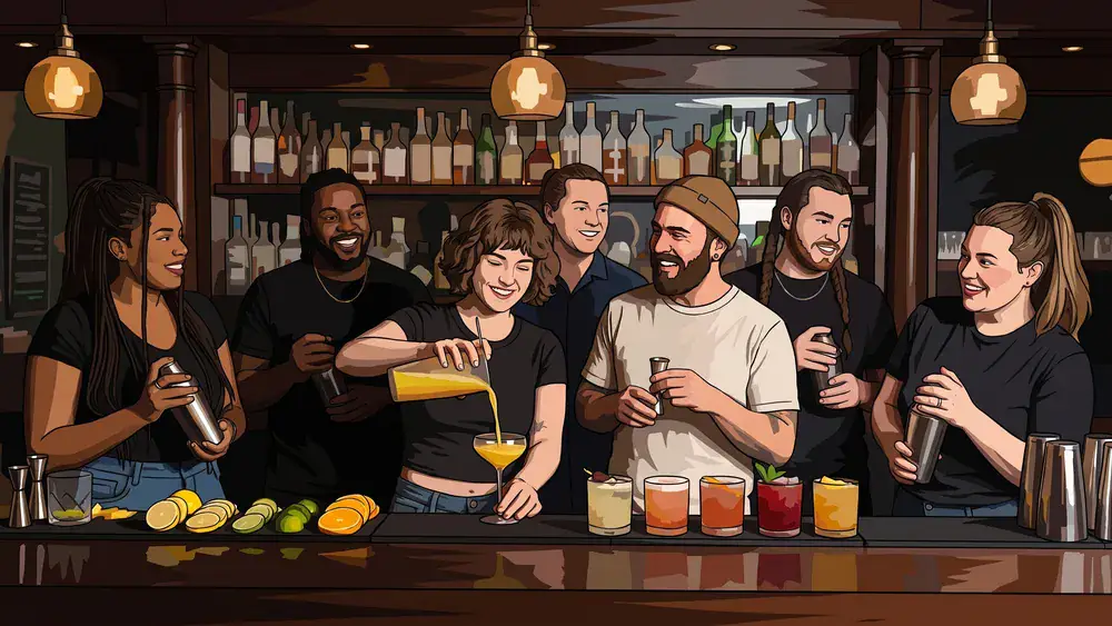 Cocktailkurs in Würzburg – JGA-Runde mixt hinter der Bartheke eigene Cocktails