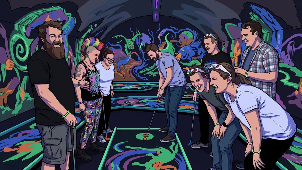 Schwarzlicht-Minigolf in Würzburg – JGA-Gruppe spielt mit 3D-Brillen unter UV-Licht
