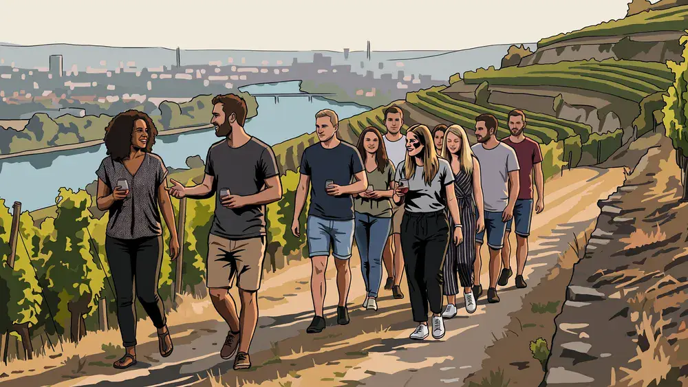 Steinwein-Wanderung in Würzburg – JGA-Gruppe geht mit Weingläsern durch die Weinberge über der Stadt