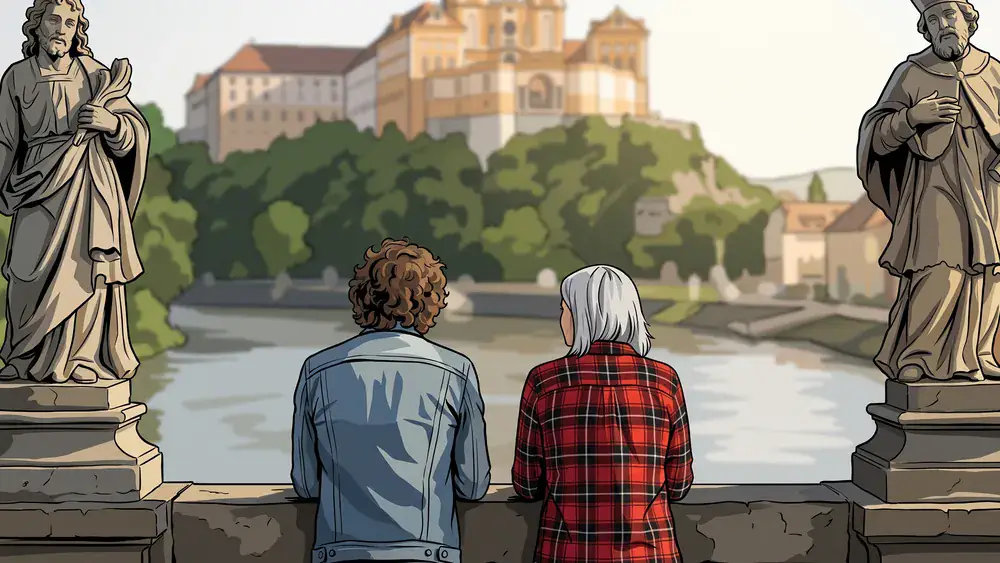 Alte Mainbrücke in Würzburg – Zwei Personen mit Blick auf die Festung Marienberg über dem Main