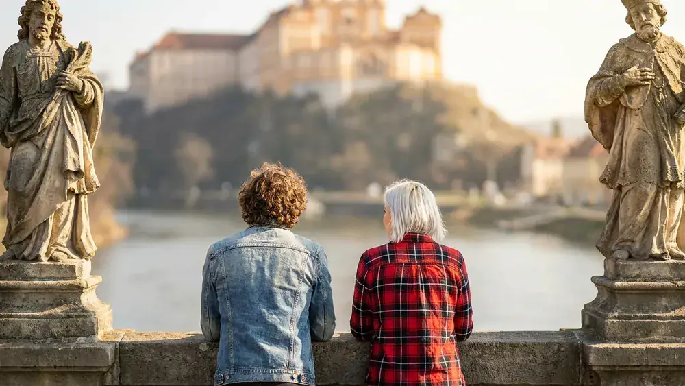 Alte Mainbrücke in Würzburg – Zwei Personen mit Blick auf die Festung Marienberg über dem Main