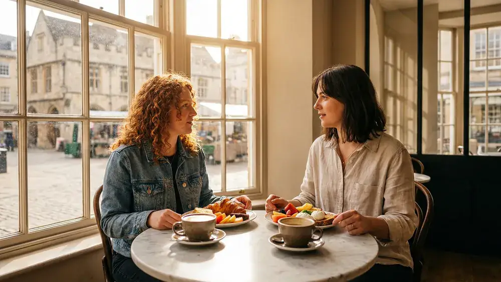 Café Schönborn Würzburg – Zwei Personen frühstücken an einem Tisch mit Blick auf den Marktplatz
