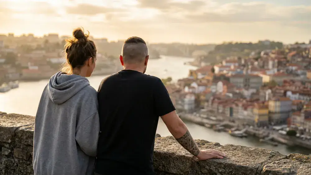 Festung Marienberg in Würzburg – Zwei Personen genießen den Panoramablick über die Stadt vom Festungsberg