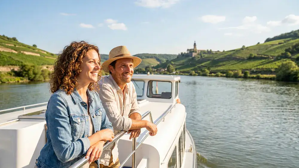 Mainschifffahrt Würzburg – Zwei Personen stehen an der Reling eines Ausflugsschiffs auf dem Main