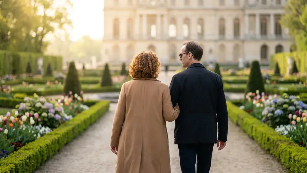 Würzburger Residenz und Hofgarten – Zwei Personen spazieren durch den barocken Schlossgarten