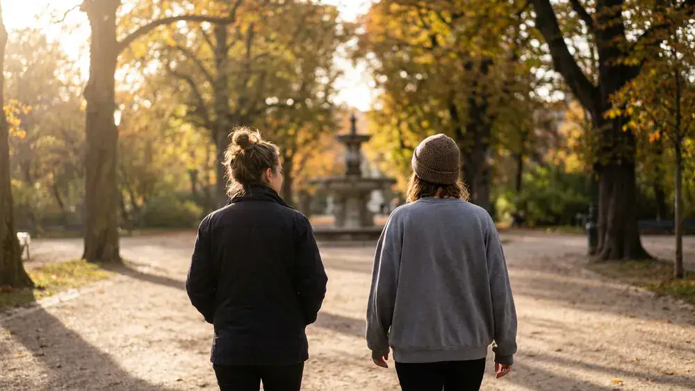 Ringpark Würzburg – Zwei Personen spazieren auf einem Weg zwischen alten Bäumen