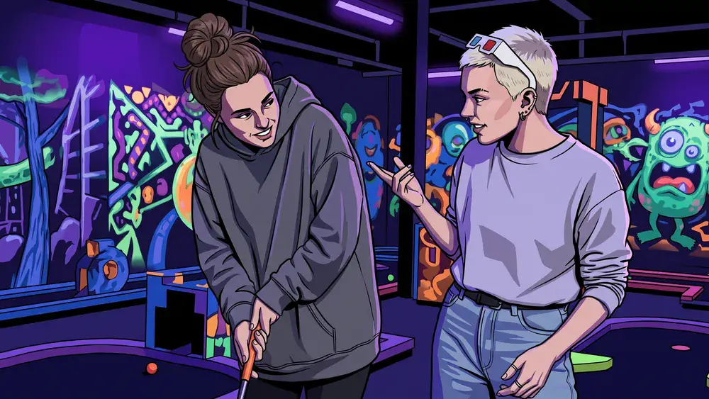 Schwarzlichtfabrik Würzburg – Zwei Personen spielen 3D-Minigolf unter Schwarzlicht