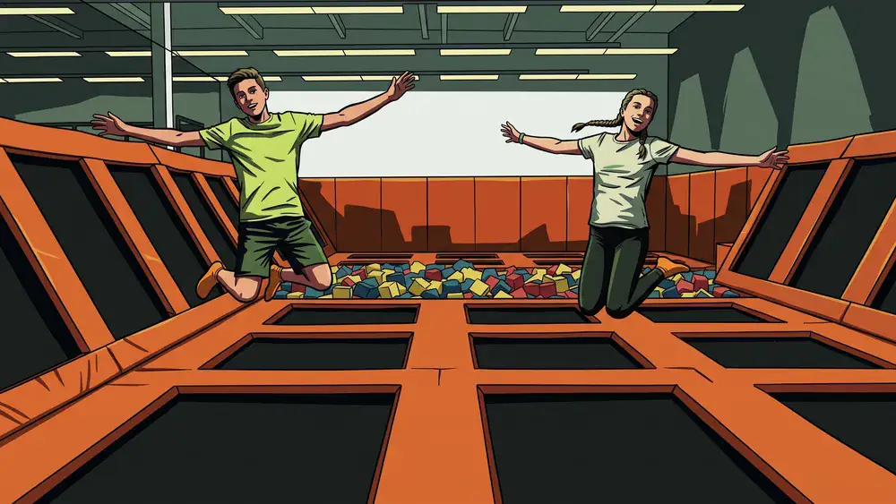 SkyandSand Trampolinhalle Würzburg – Zwei Jugendliche springen auf verbundenen Trampolinen