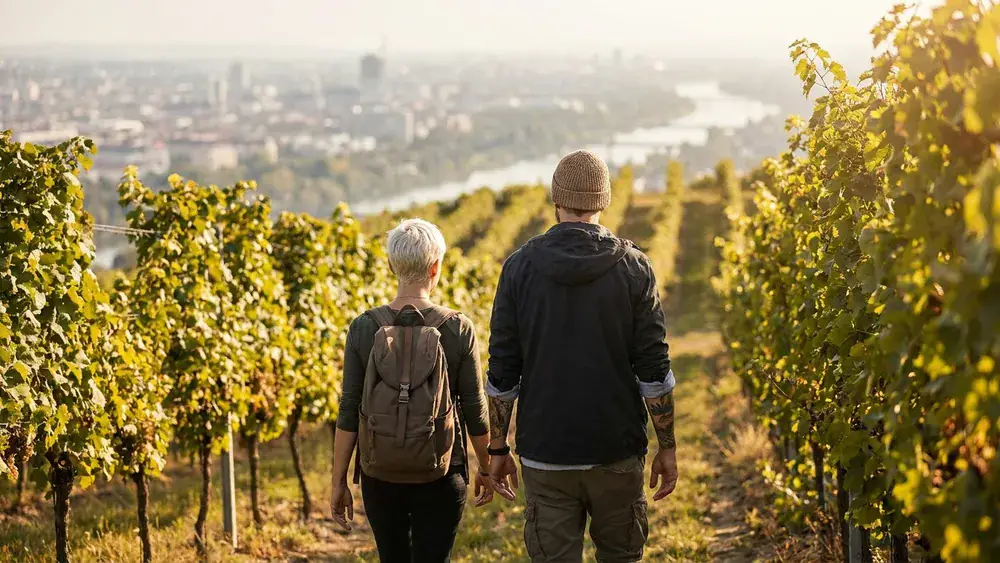 Stein-Wein-Pfad in Würzburg – Zwei Personen wandern durch die Weinberge über der Stadt