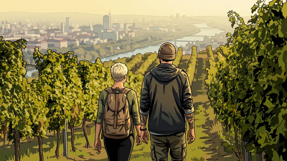 Stein-Wein-Pfad in Würzburg – Zwei Personen wandern durch die Weinberge über der Stadt