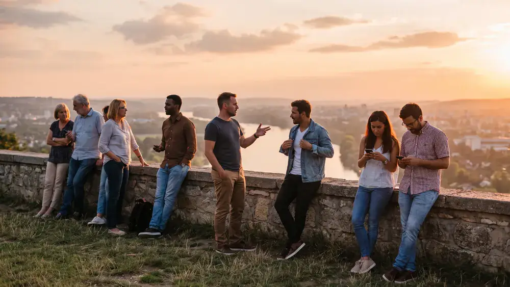 Festung Marienberg in Würzburg – Kollegen genießen die Aussicht über die Stadt vom Festungsberg